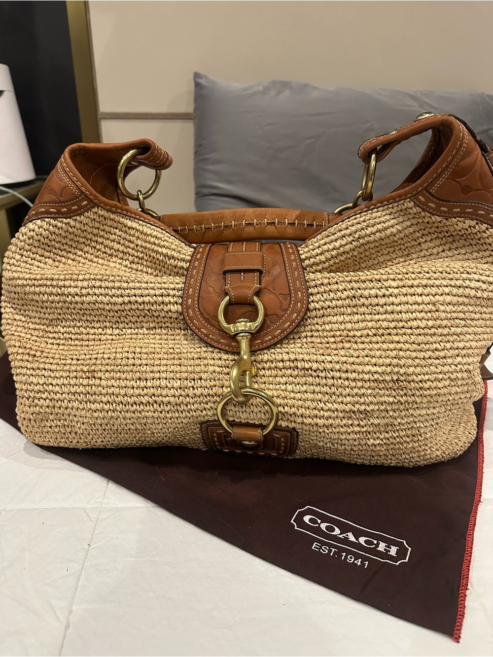 Coach Bleecker Millie Straw & monogram Leather XL Hobo Tote